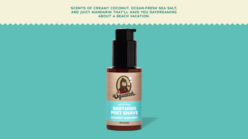 Brand and ingredient story panel for Dr. Squatch Soothing Post Shave Coconut Castaway post-shave product