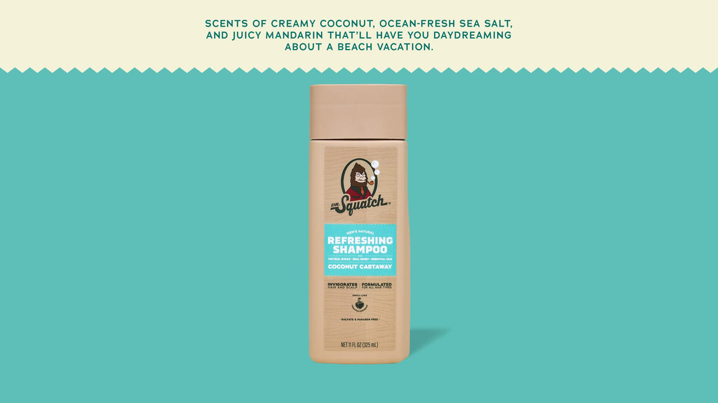 Brand and ingredient story panel for Dr. Squatch Coconut Castaway Shampoo