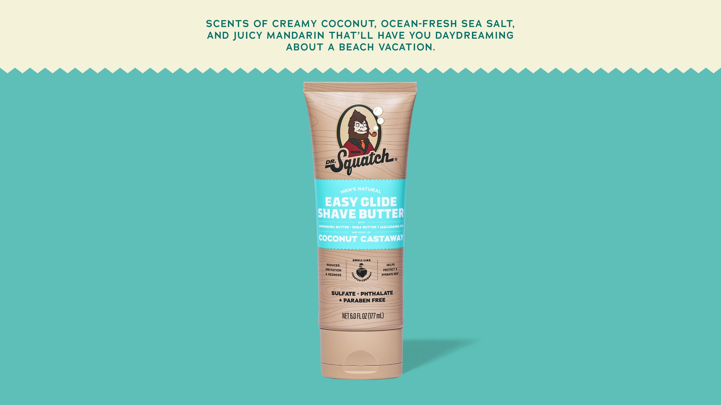 Brand and ingredient story panel for Dr. Squatch Easy Glide Shave Butter Coconut Castaway