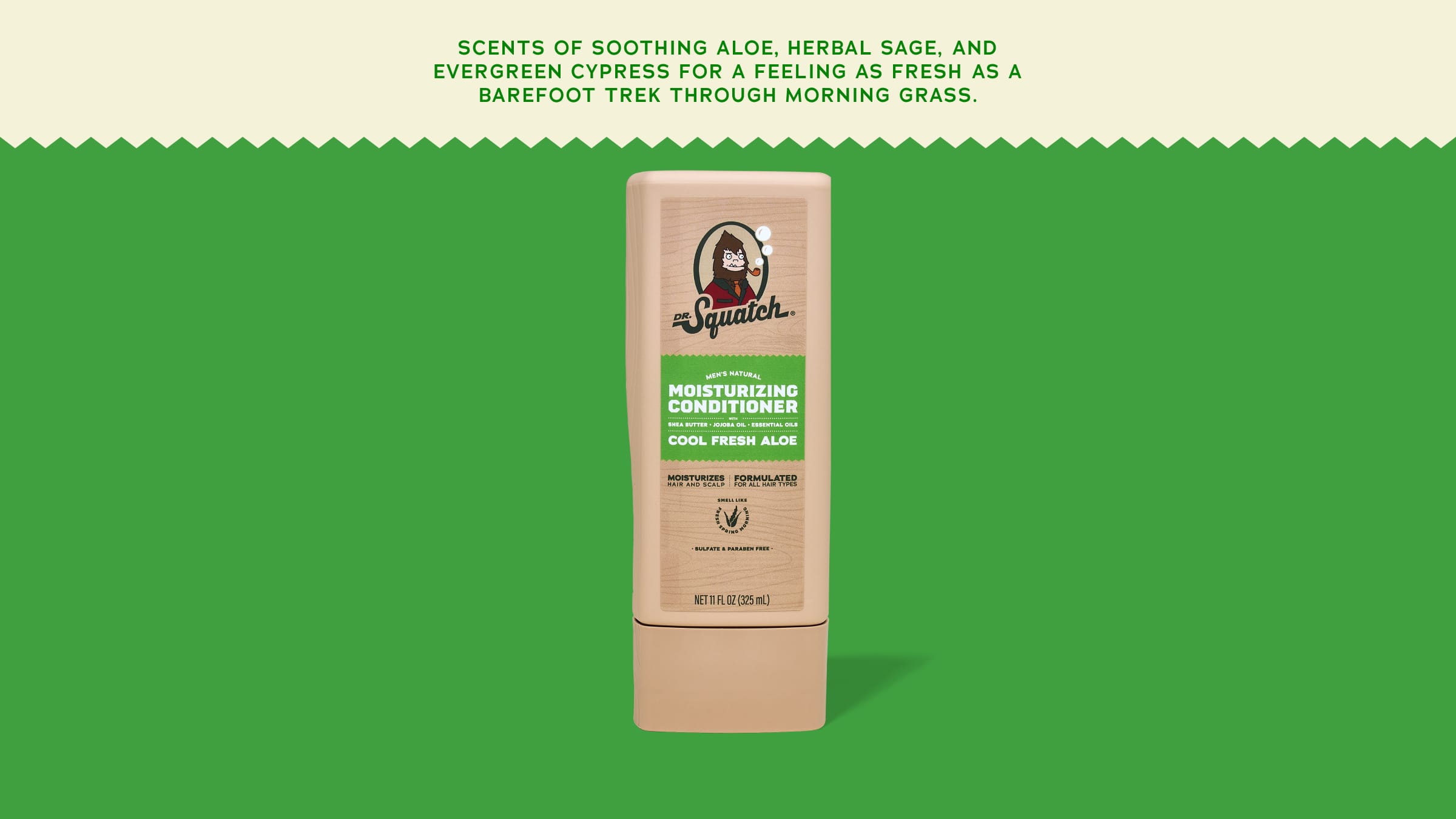Brand and ingredient story panel for Dr. Squatch Cool Fresh Aloe Conditioner