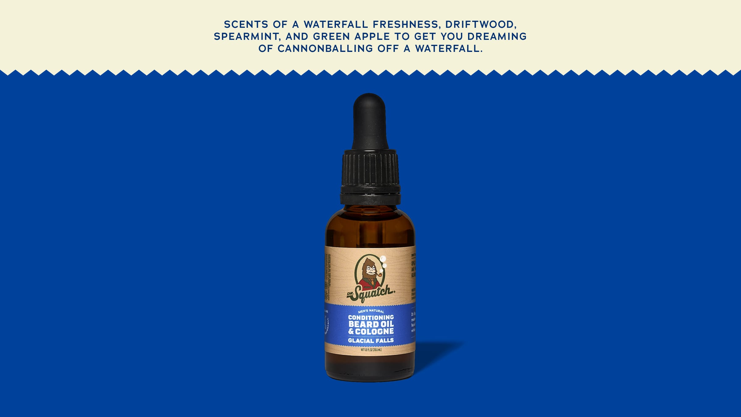 Brand and ingredient story panel for Dr. Squatch Conditioning Beard Oil & Cologne Glacial Falls