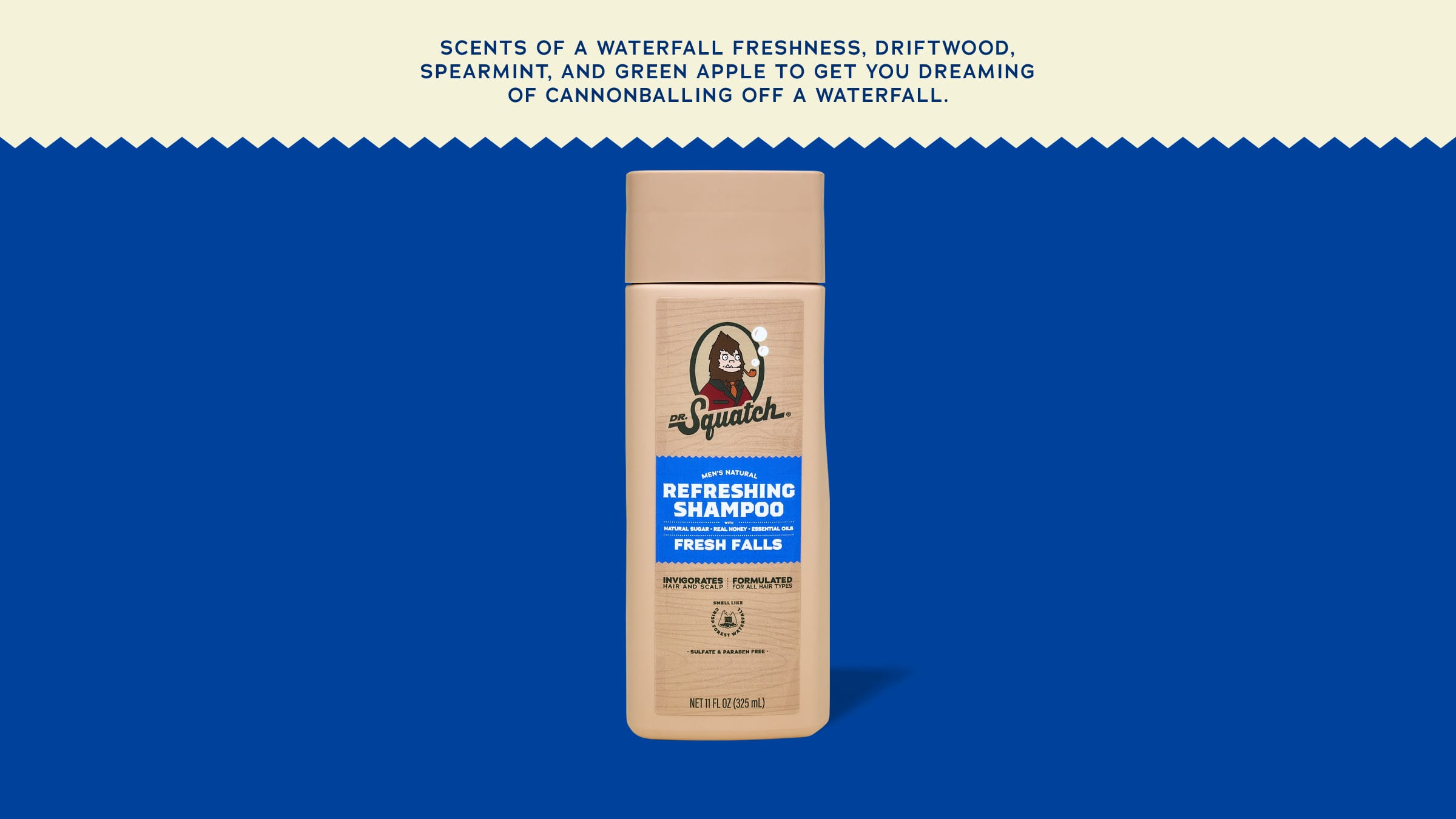 Brand and ingredient story panel for Dr. Squatch Fresh Falls Shampoo