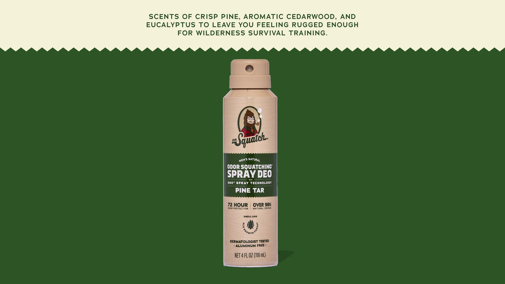 Brand and ingredient story panel for Dr. Squatch Pine Tar Spray Deodorant