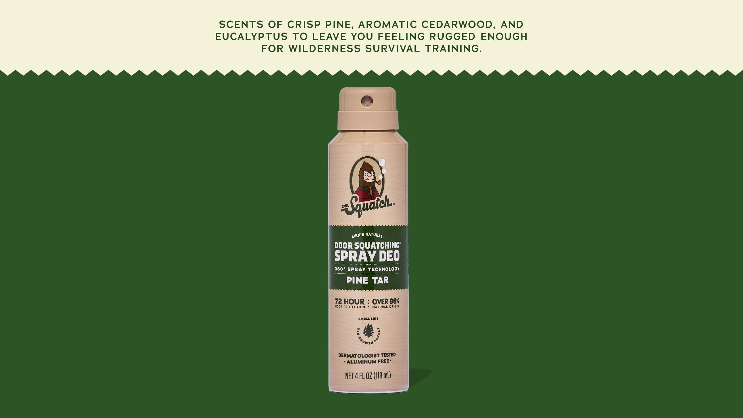 Brand and ingredient story panel for Dr. Squatch Pine Tar Spray Deodorant
