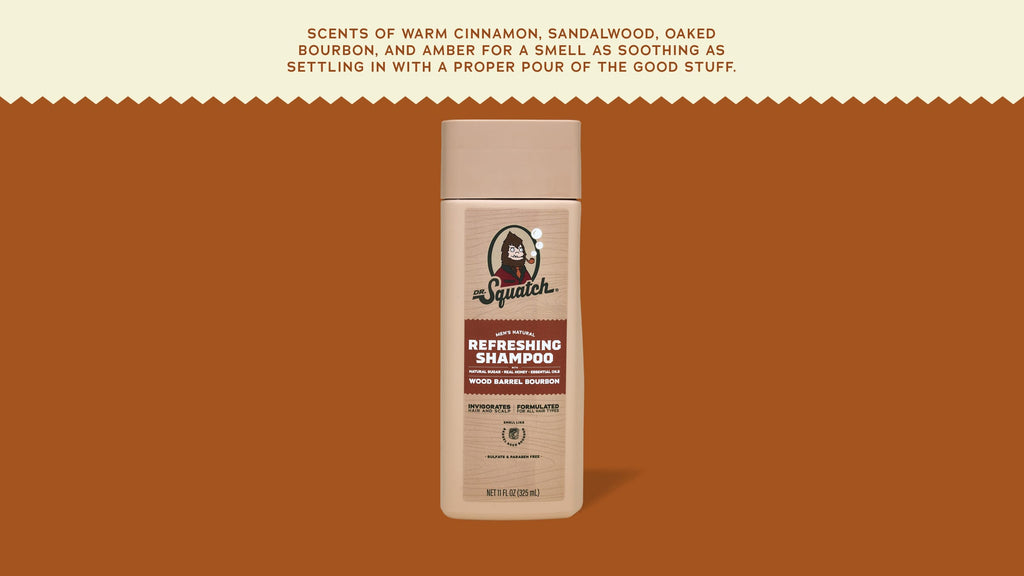 Brand and ingredient story panel for Dr. Squatch Wood Barrel Bourbon Shampoo