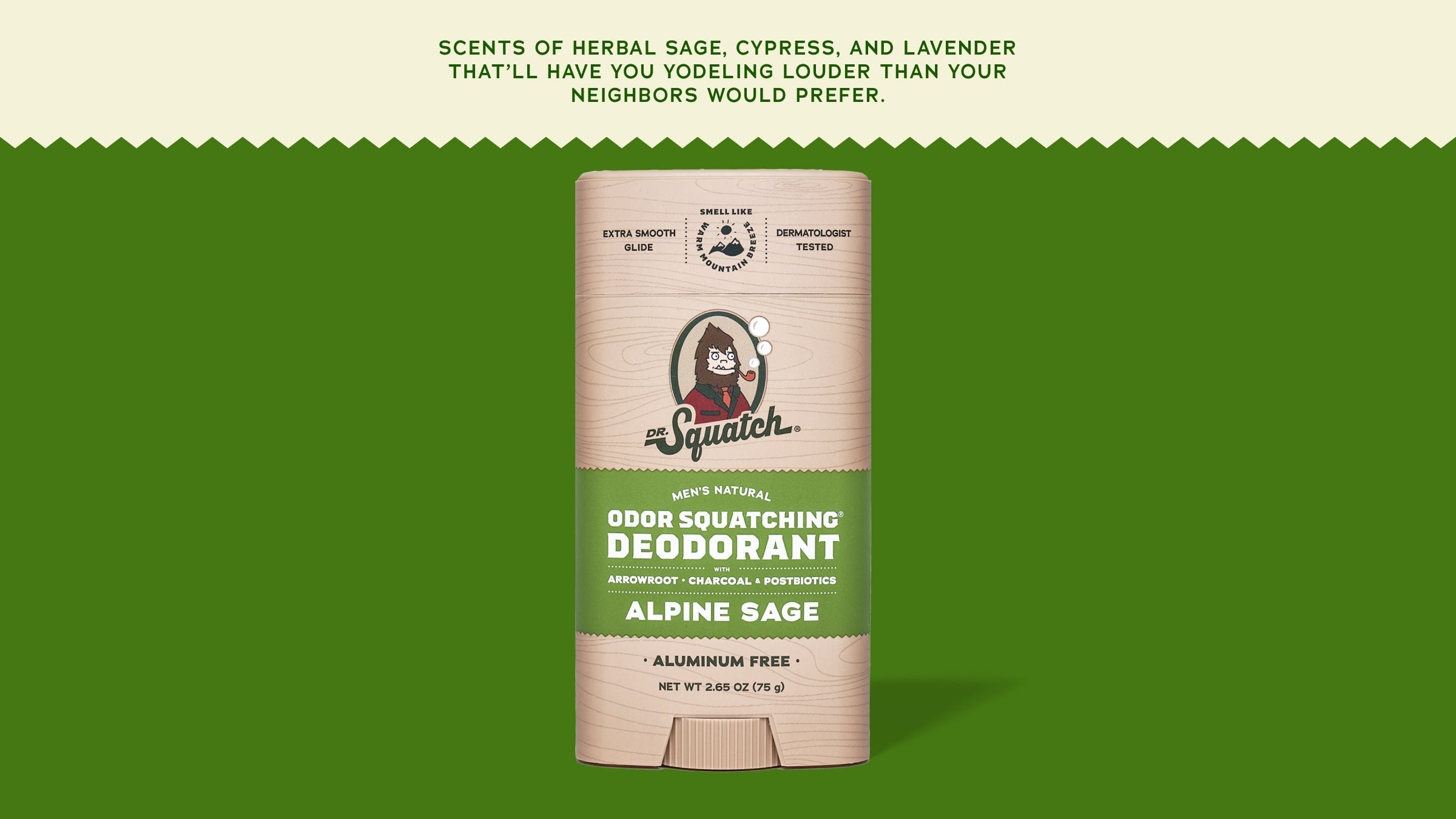 Brand and ingredient story panel for Dr. Squatch Alpine Sage Deodorant