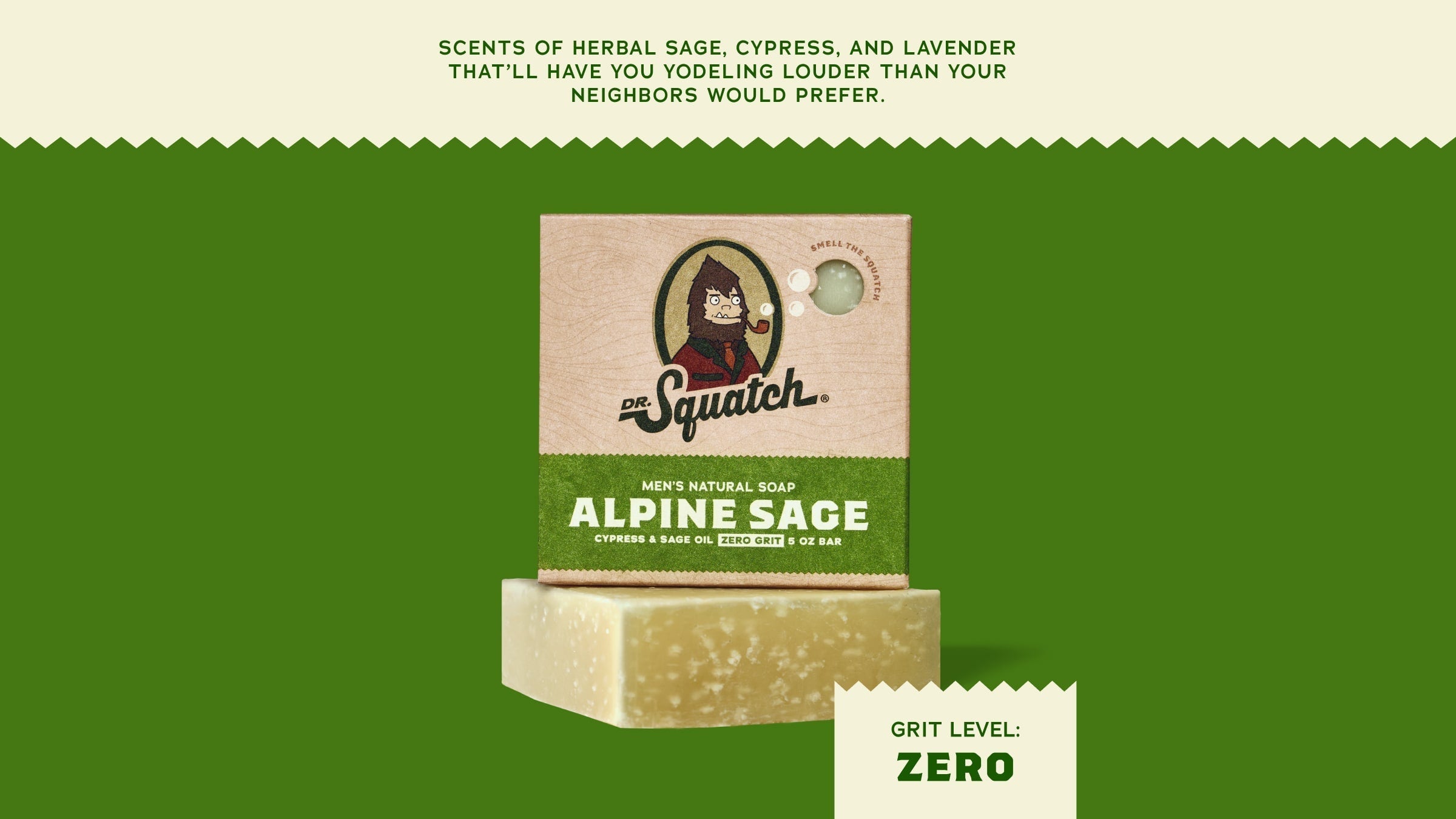 Brand and ingredient story panel for Dr. Squatch Alpine Sage bar soap