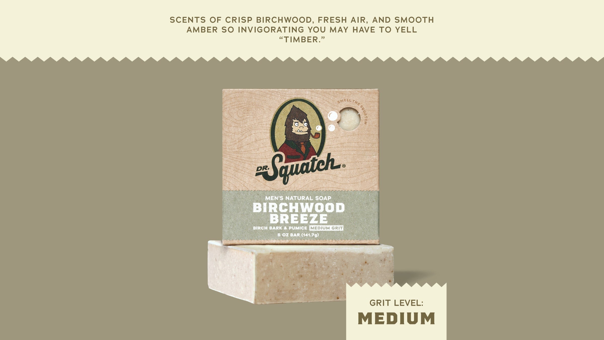 Brand and ingredient story panel for Dr. Squatch Birchwood Breeze bar soap