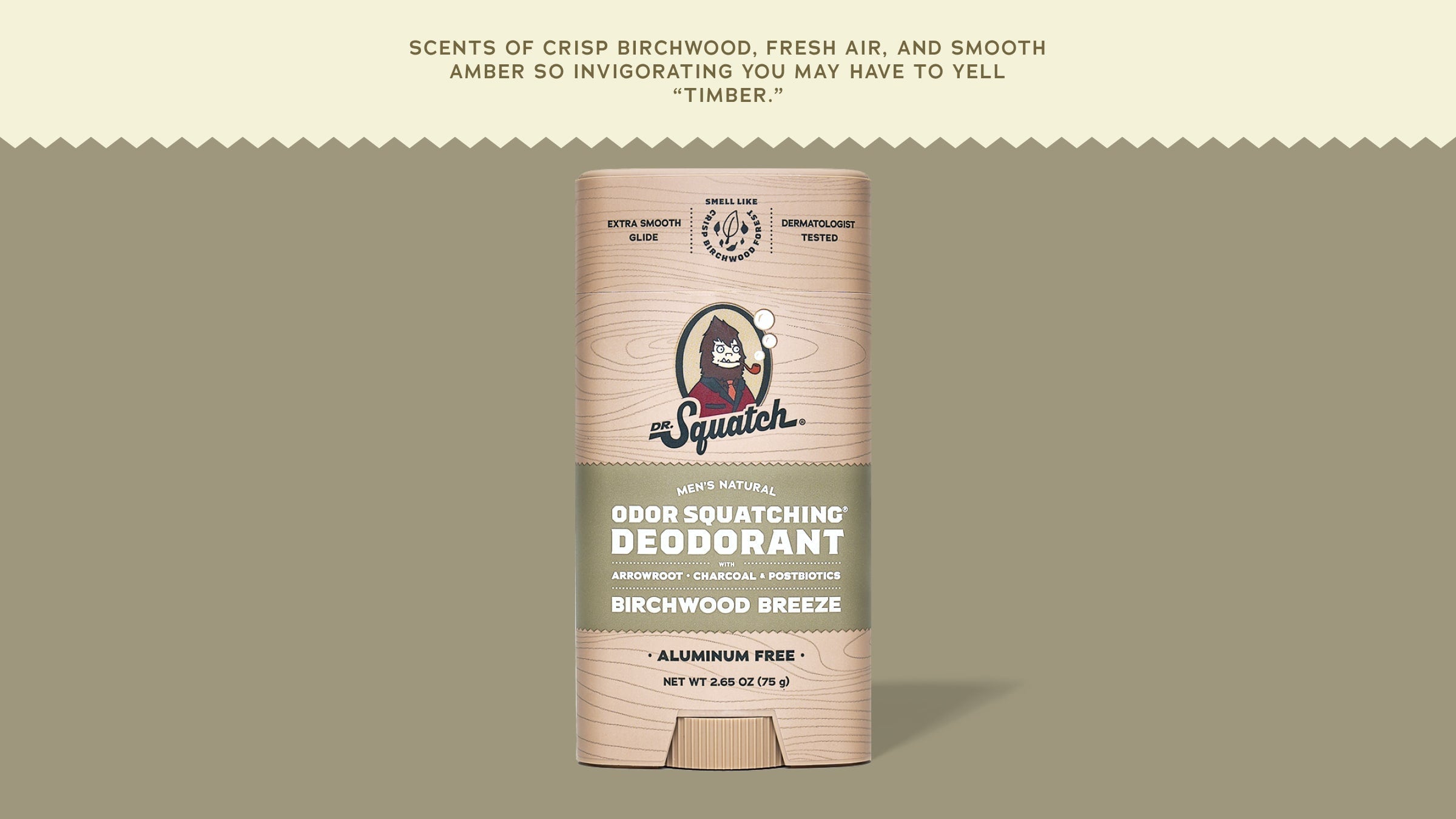 Brand and ingredient story panel for Dr. Squatch Birchwood Breeze Deodorant