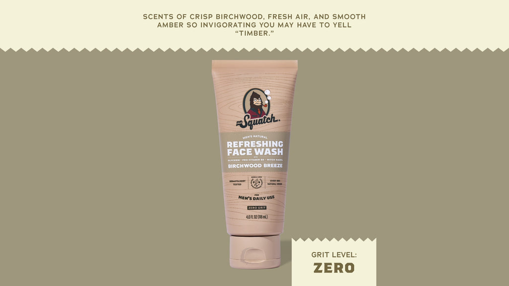 Brand and ingredient story panel for Dr. Squatch Birchwood Breeze Refreshing Face Wash