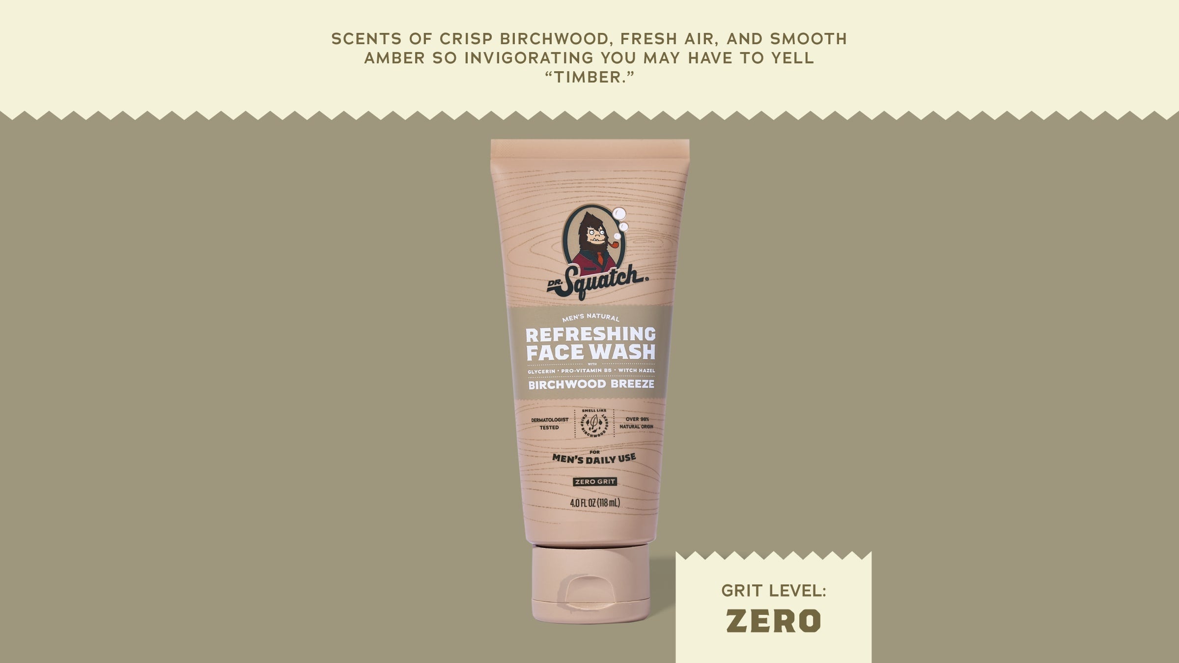 Brand and ingredient story panel for Dr. Squatch Birchwood Breeze Refreshing Face Wash