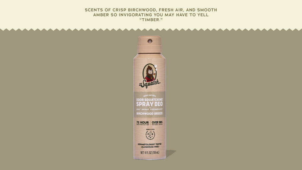Brand and ingredient story panel for Dr. Squatch Birchwood Breeze Spray Deodorant