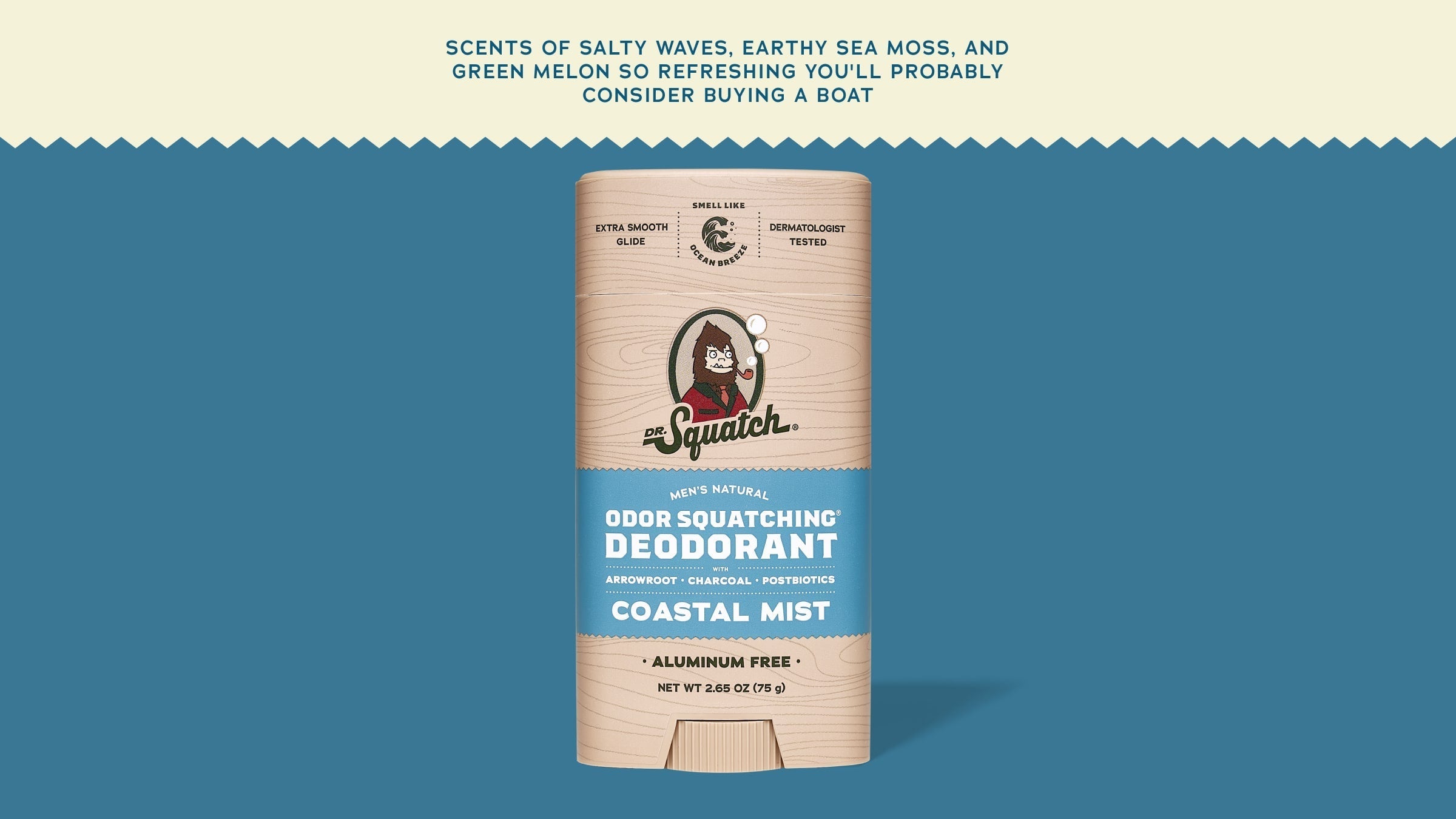 Brand and ingredient story panel for Dr. Squatch Coastal Mist Deodorant