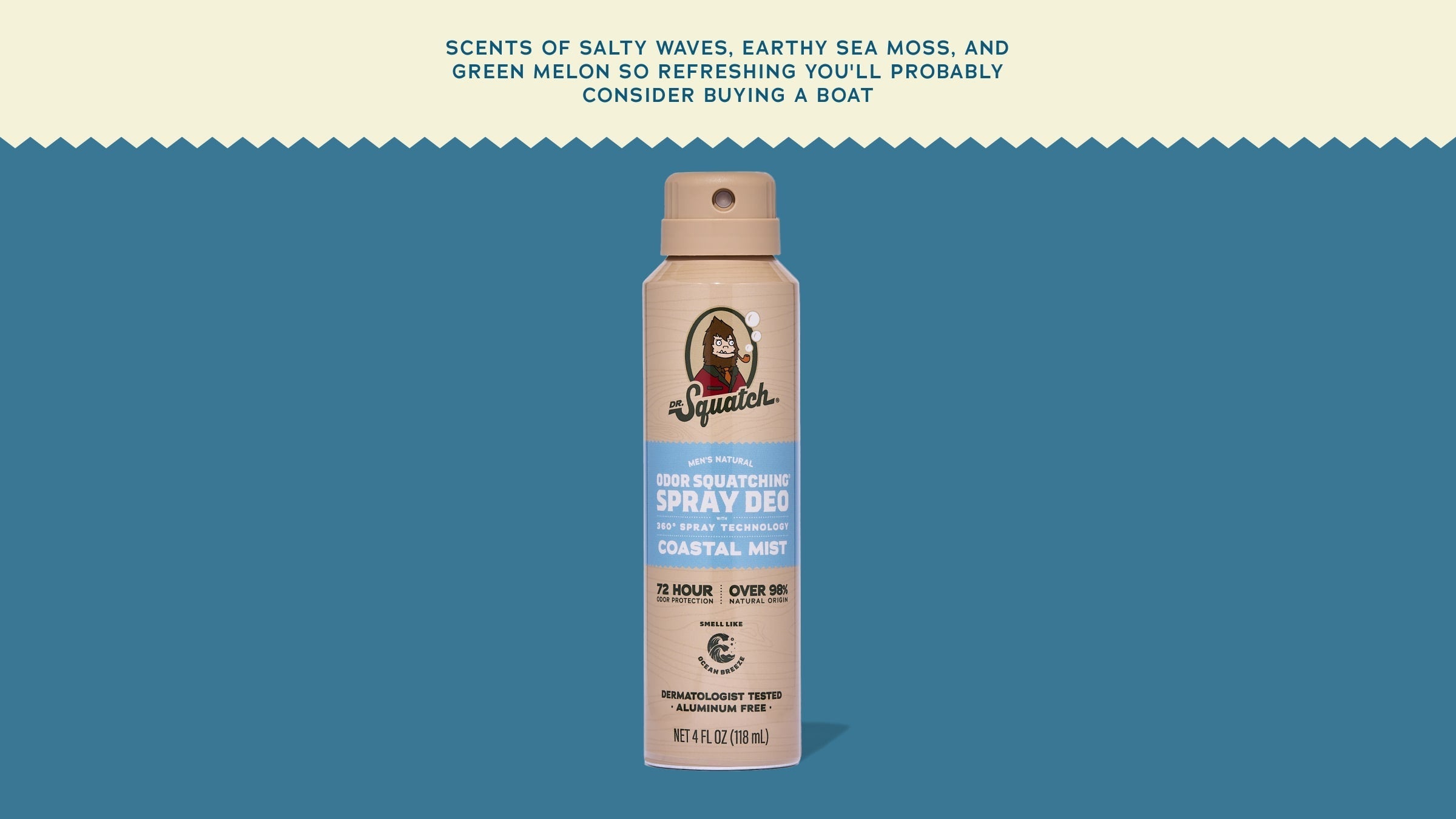 Brand and ingredient story panel for Dr. Squatch Coastal Mist Spray Deodorant
