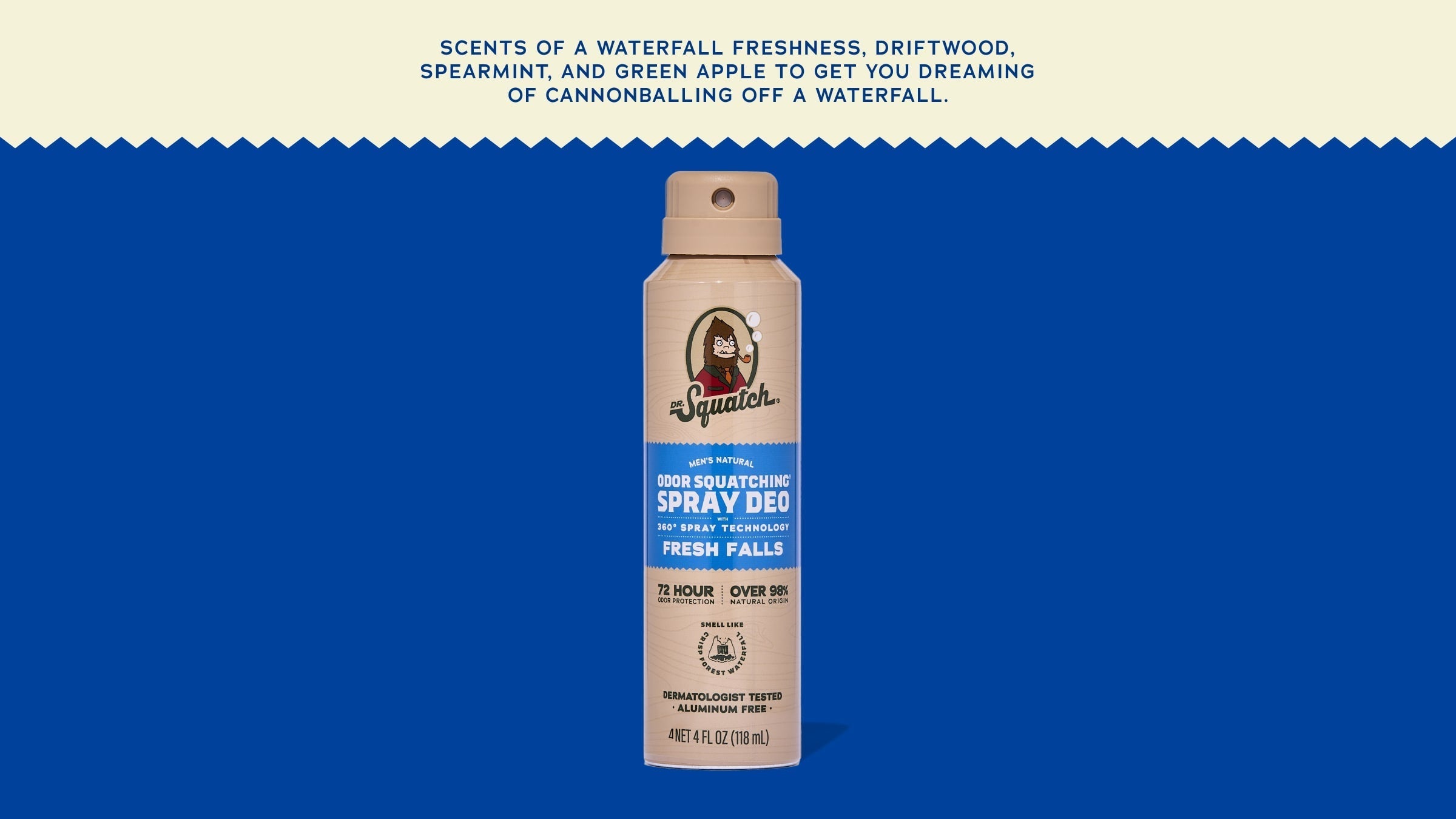 Brand and ingredient story panel for Dr. Squatch Fresh Falls Spray Deodorant