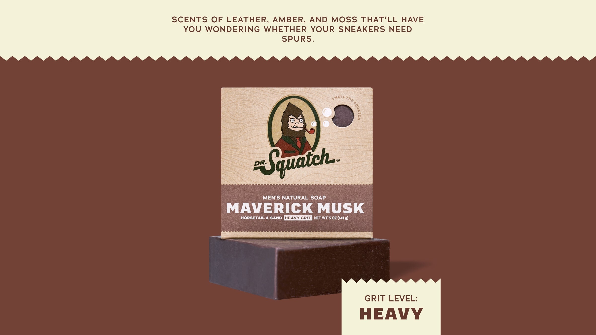 Brand and ingredient story panel for Dr. Squatch Maverick Musk bar soap