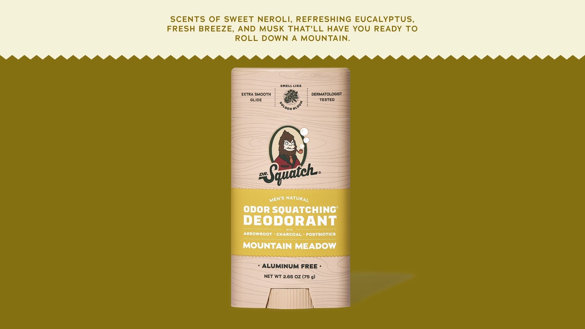 Brand and ingredient story panel for Dr. Squatch Mountain Meadow Deodorant