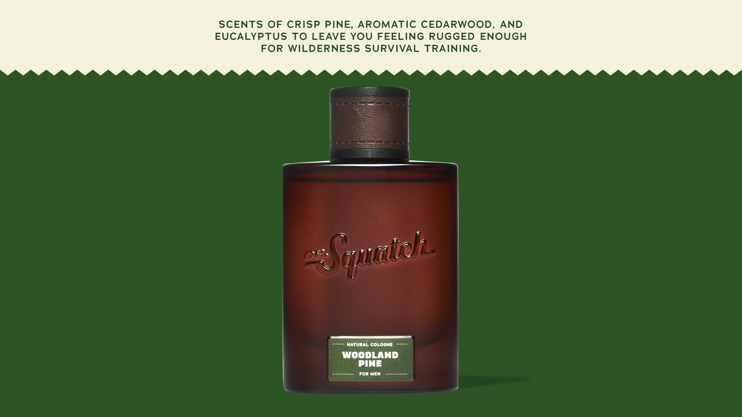 Brand and ingredient story panel for Dr. Squatch Woodland Pine Cologne