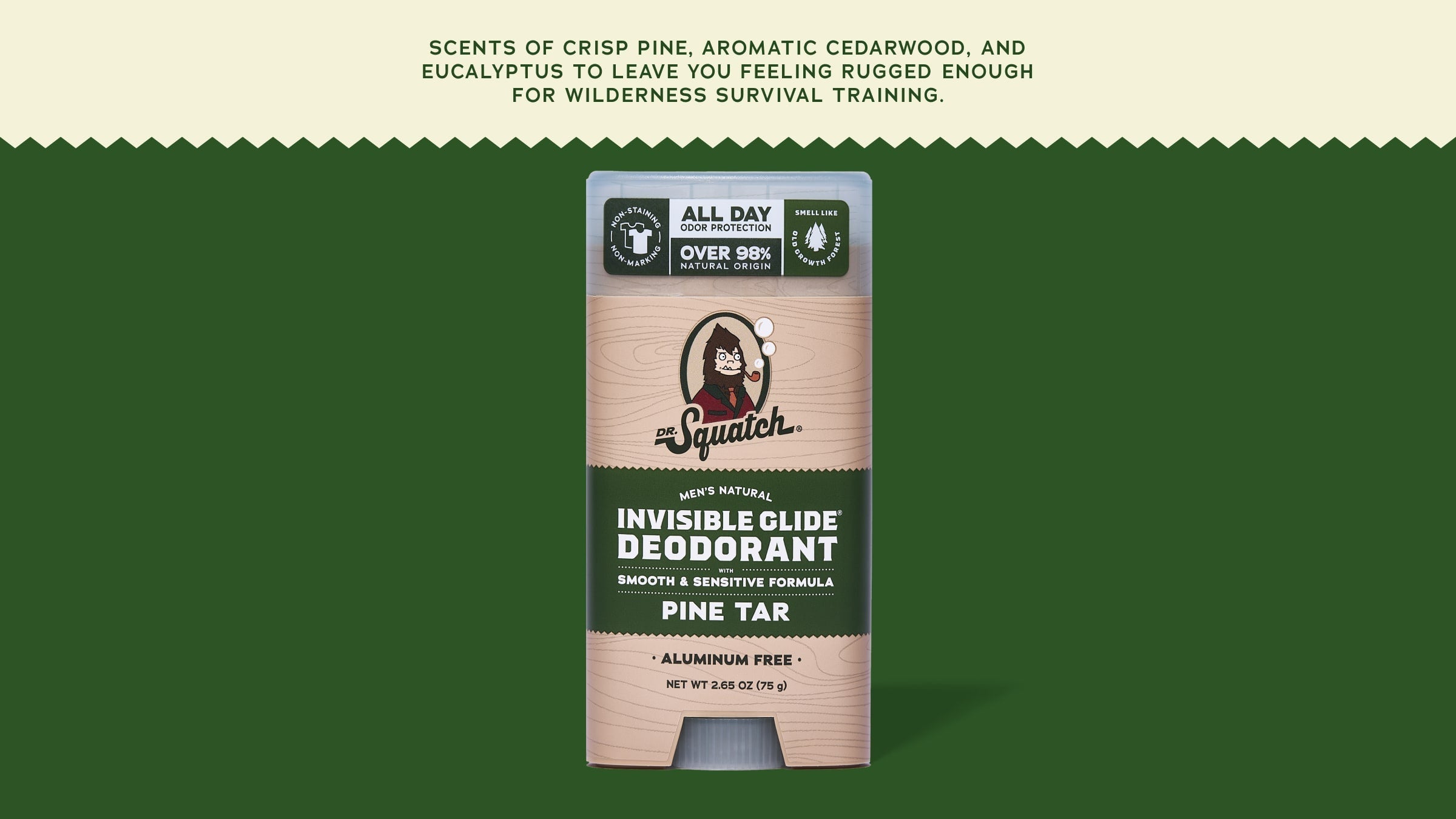 Brand and ingredient story panel for Dr. Squatch Pine Tar Invisible Glide Deodorant