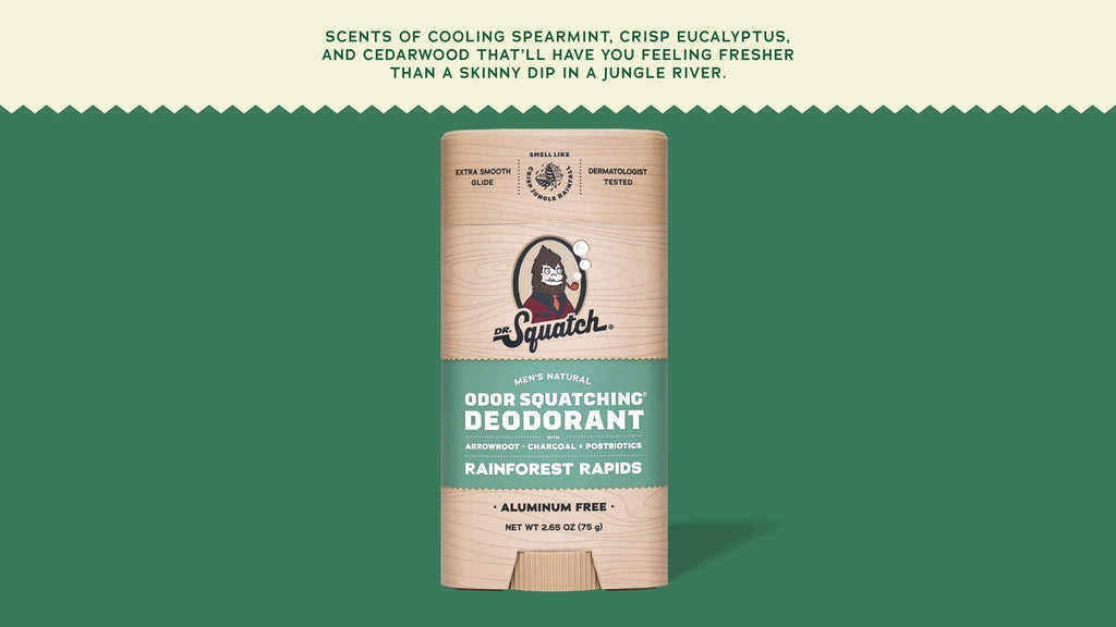 Brand and ingredient story panel for Dr. Squatch Rainforest Rapids Deodorant