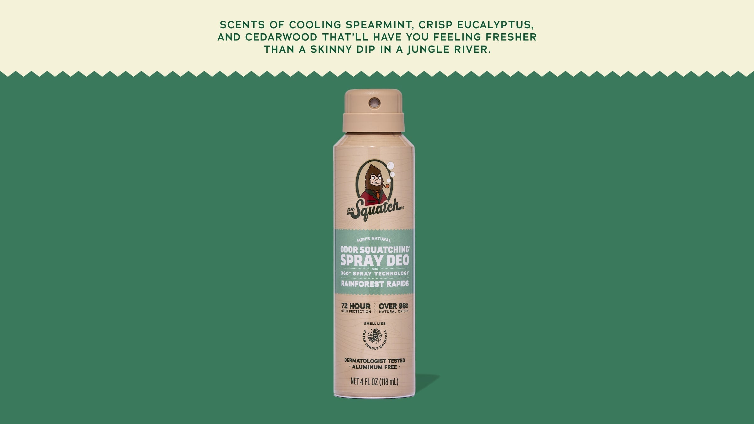 Brand and ingredient story panel for Dr. Squatch Rainforest Rapids Spray Deodorant