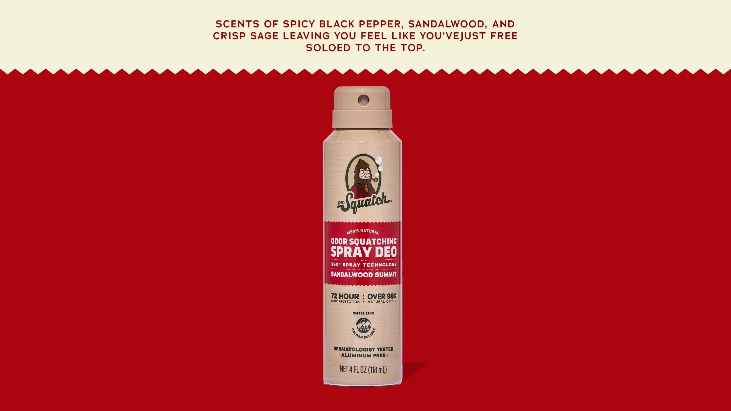 Brand and ingredient story panel for Dr. Squatch Sandalwood Summit Spray Deodorant