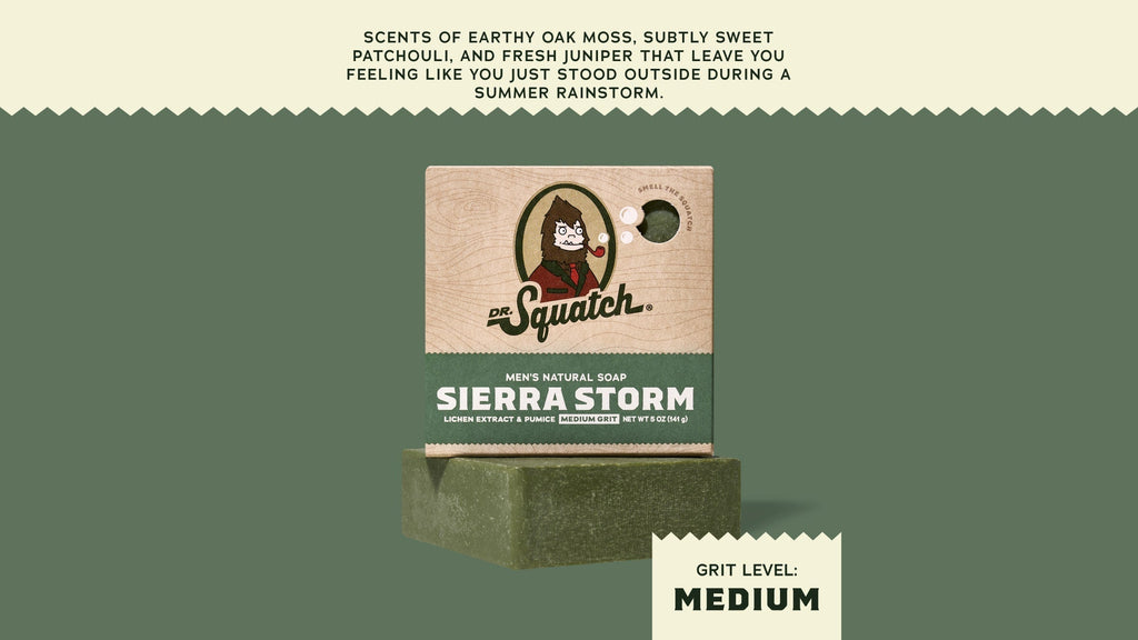 Brand and ingredient story panel for Dr. Squatch Sierra Storm bar soap