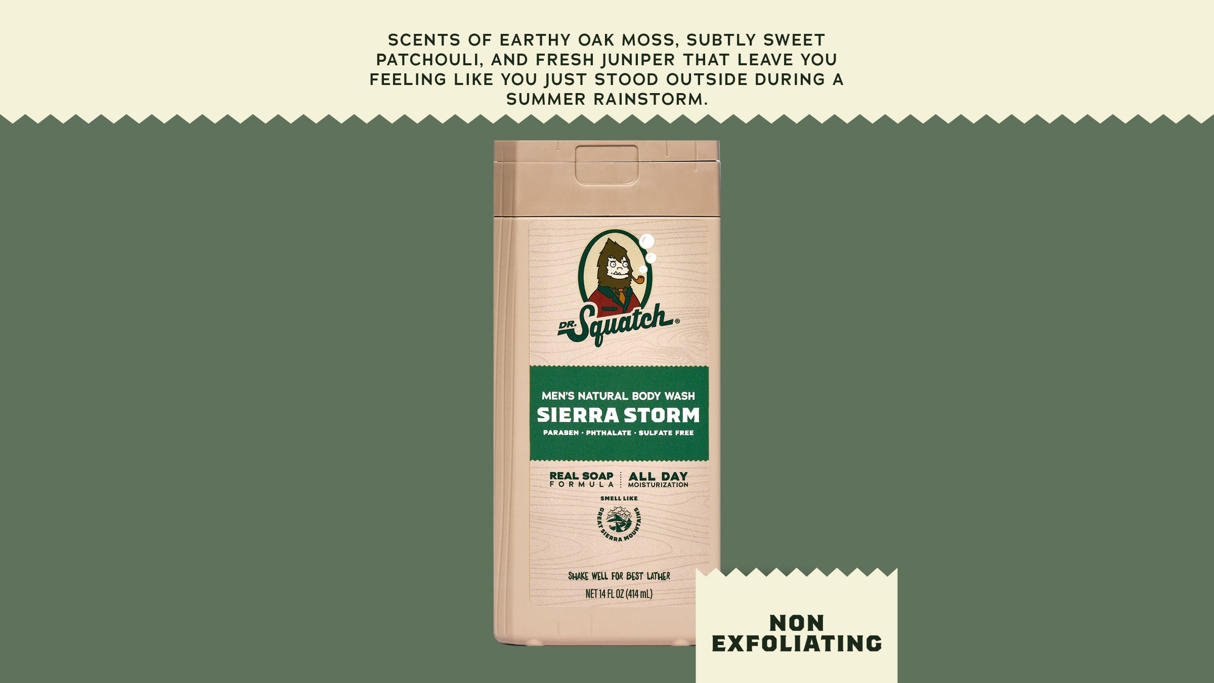 Brand and ingredient story panel for Dr. Squatch 14 oz Sierra Storm Body Wash