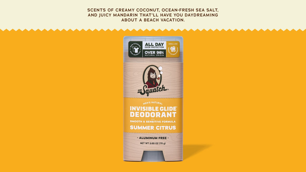 Brand and ingredient story panel for Dr. Squatch Summer Citrus Invisible Glide Deodorant
