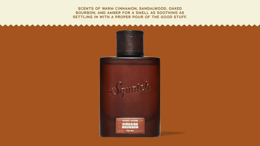 Brand and ingredient story panel for Dr. Squatch Fireside Bourbon Cologne