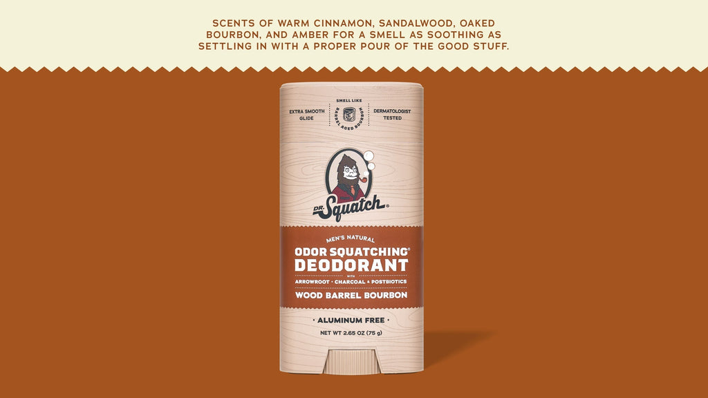 Brand and ingredient story panel for Dr. Squatch Wood Barrel Bourbon Deodorant