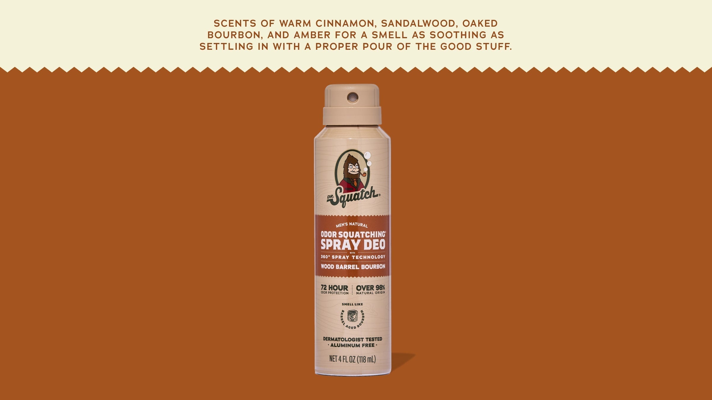 Brand and ingredient story panel for Dr. Squatch Wood Barrel Bourbon Spray Deodorant
