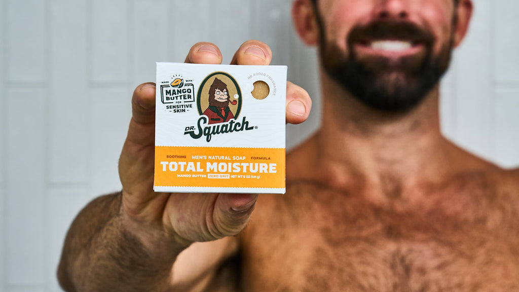 Dr. Squatch Mango Butter bar soap being used