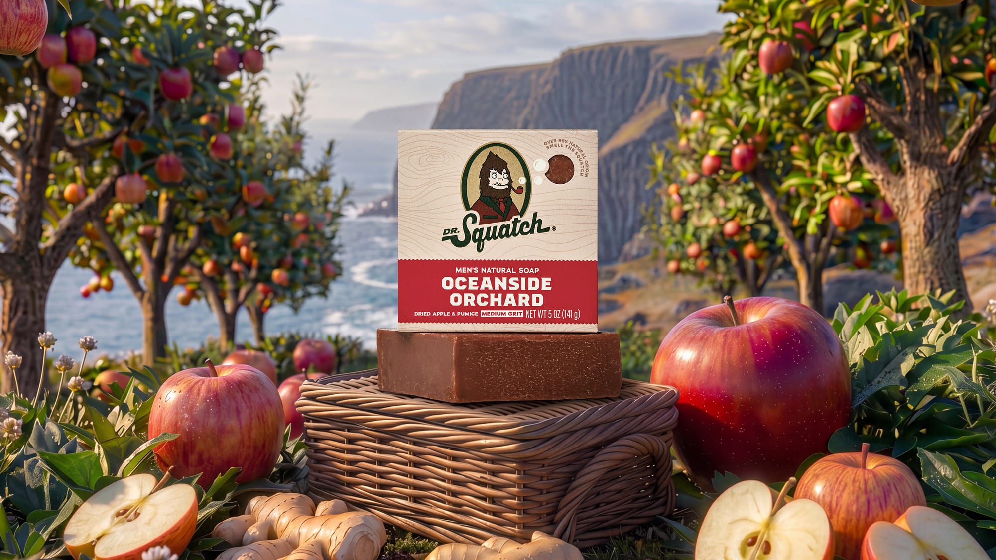 A Squatch Oceanside Orchard natural soap bar displayed on a wicker basket, surrounded by fresh red apples and sliced apples with ginger roots, set against a scenic background of an apple orchard and ocean cliffs.
