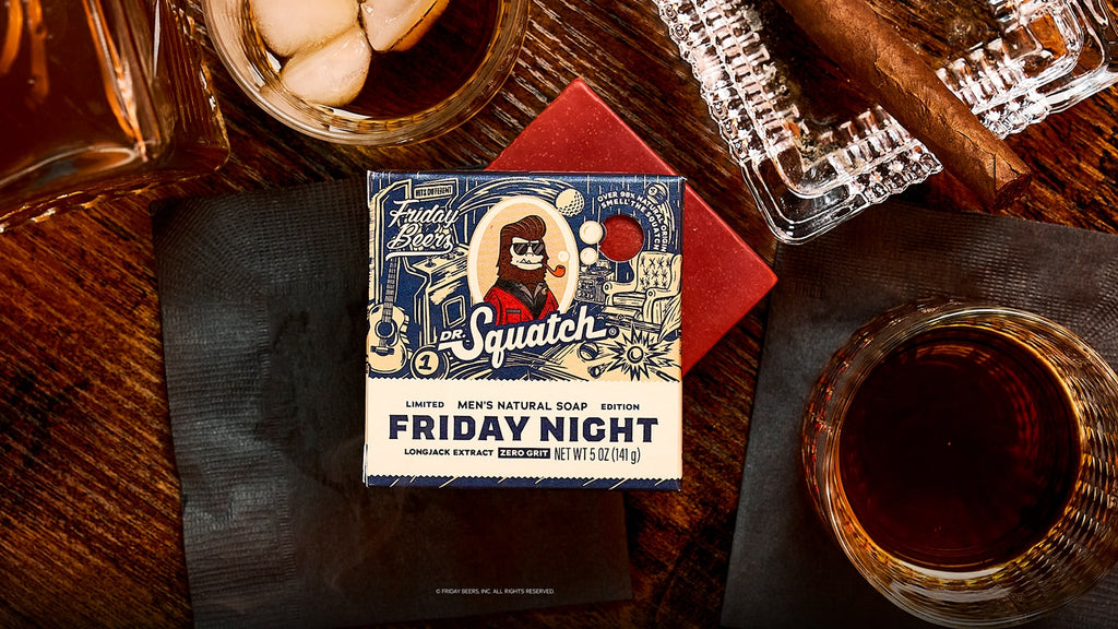 Lifestyle photo featuring Dr. Squatch Friday Night bar soap