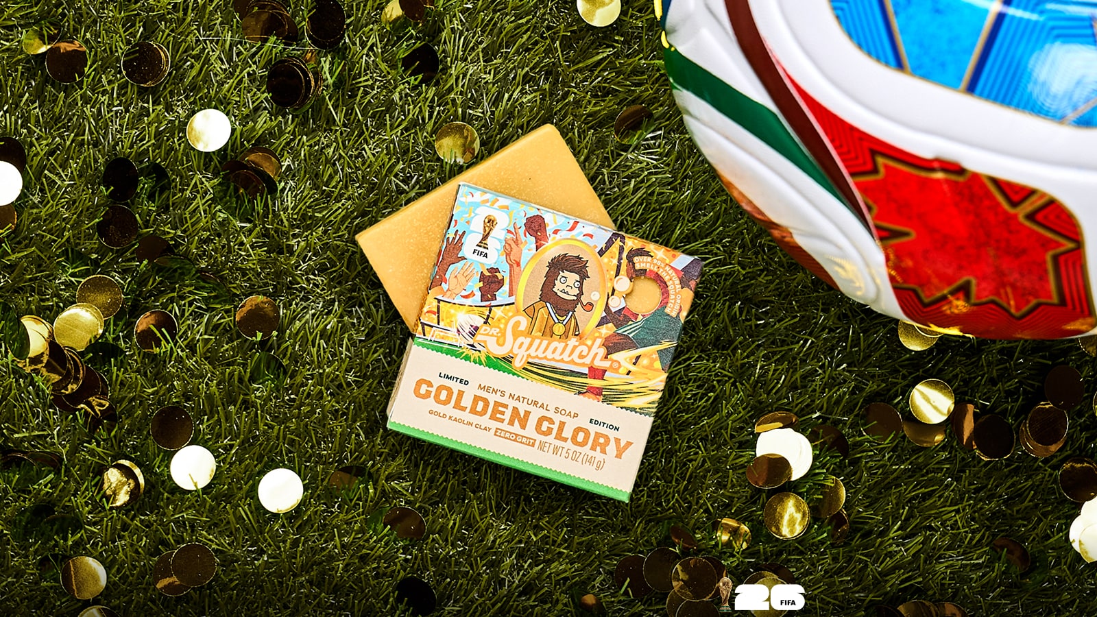 Lifestyle photo featuring Dr. Squatch Golden Glory bar soap