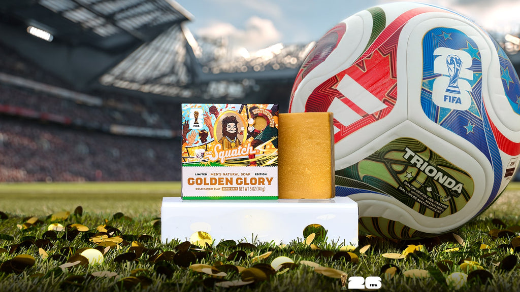 Lifestyle photo featuring Dr. Squatch Golden Glory bar soap