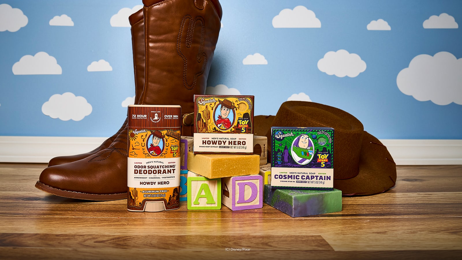 Lifestyle photo featuring Dr. Squatch Woody & Buzz Lightyear 3-Pack gift set