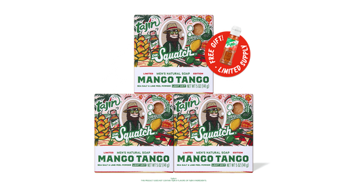 Three boxes of Dr. Squatch Mango Tango natural soap with a free Tajín Clásico seasoning included.