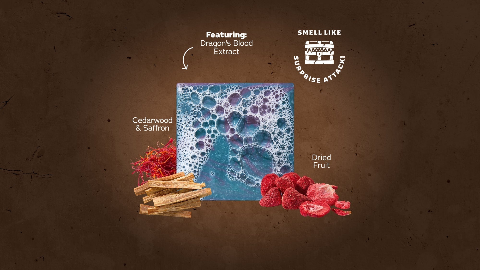 Mimic Bricc 3-Pack featuring Dragon's Blood Extract with cedarwood, saffron, and dried fruit ingredients displayed against brown textured background.